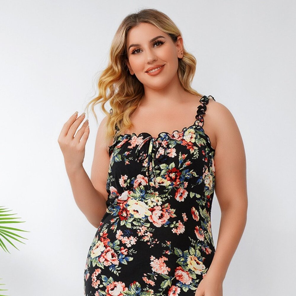 Floral Ruffle Strap Backless Knee-Length Dress